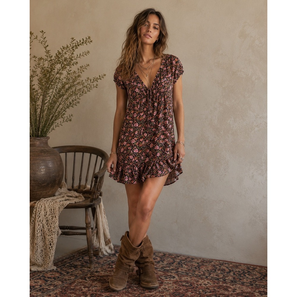 Elodie Women Floral V-Neck Mini Dress Navy Pink Boho Ruffle Hem Size M